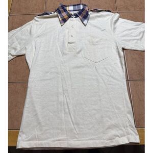 Vintage Jantzen Polo Shirt Men Sz Med Ivory‎ Plaid Collar Epaulette USA Made